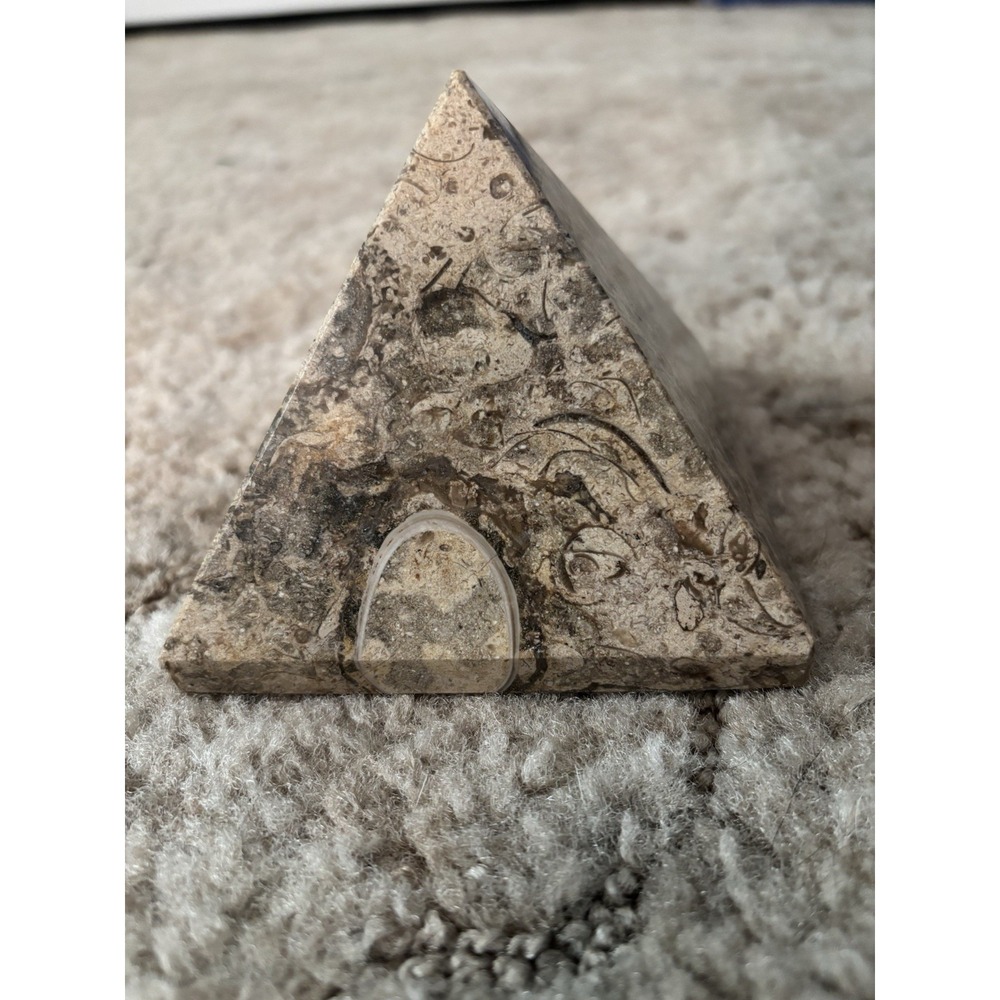 Vintage Fossil Limestone Pyramid Paperweight Orthoceras Ammonite Stone Decor 3"